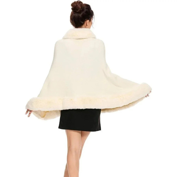 Zlyc Women Winter Faux Fur Shawl Stole Warm Wrap Cape - Beige - Picture 5 of 8